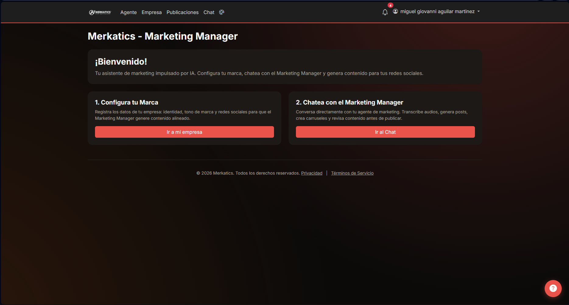 Panel de Marketing Manager con la configuración de marca y el chat de IA